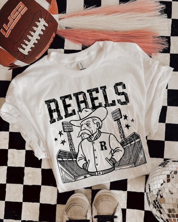 Rebels Letterman Mascot T-Shirt | Trendy School Spirit Shirt | Fast Shipping | Super Soft Shirts for Men/Women/Kid's
