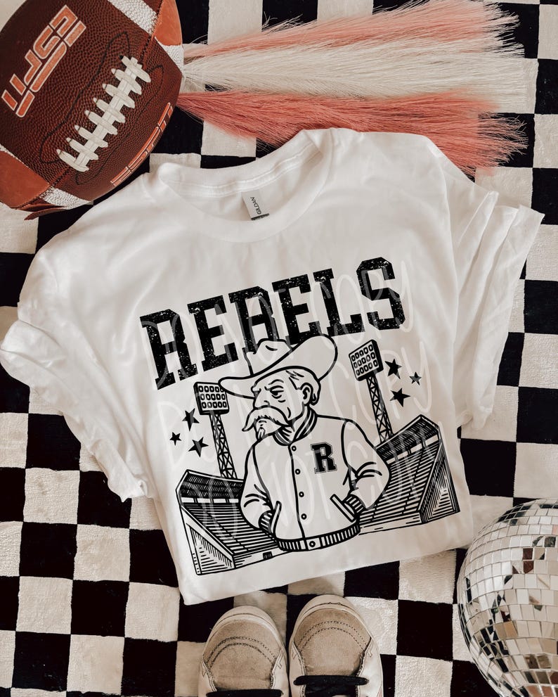 Rebels Letterman Mascot T-Shirt | Trendy School Spirit Shirt | Fast Shipping | Super Soft Shirts for Men/Women/Kid's image 1