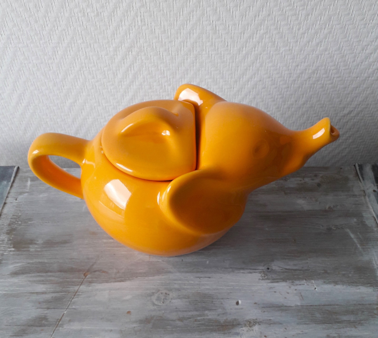 Pretty Yellow Ceramic Teapot in the Shape of an Elephant Made in France