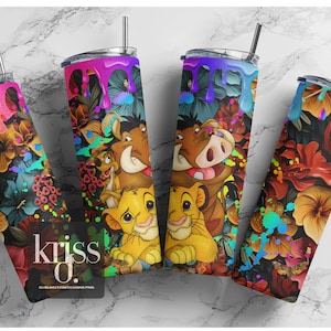 Löwe Cartoon Glitzer 20 oz Skinny Becher | Hakuna matata Becher Sublimation Design | Regenbogen floral Vorlage Digital Download
