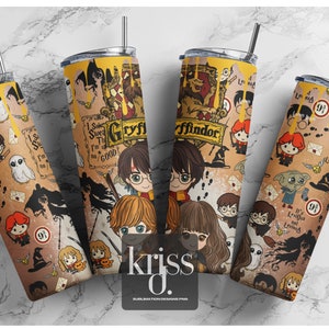 May include: Four stainless steel tumblers with lids and straws. Each tumbler features a repeating pattern of cartoon characters, quotes, and symbols from the Harry Potter series. The tumblers have a yellow and brown background with the word "Gryffindor".