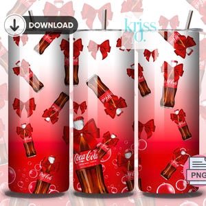 May include: Red and white tumbler with a Coca-Cola and red bow pattern. The tumbler is a sublimation design for a 20 oz skinny tumbler.