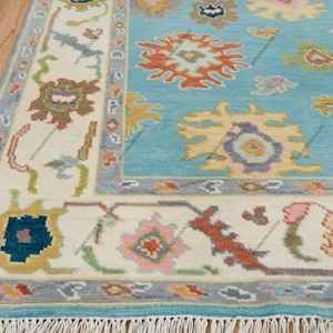 Sky Blue Oushak Rug 8x10, Ivory Area Rug, Rust Olive Green & Gold Accents Turkish Rug, Modern Colorful Wool Rug 9x12 For Dining area decor
