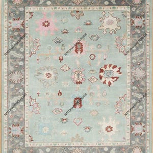 Pastel Blue Oushak Rug 8x10, Modern Area Rug Pink Accent, Gray Turkish Rug 9x12, Contemporary Wool Rug For Living Room: Ashville