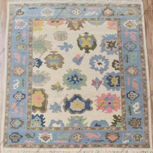 Cream Blue Pink Modern Oushak Hand Knotted Rug 4x6, 5x8, 6x9, 8x10, 9x12, 10x14 ft Handmade Rugs for Living Room - Antique Ethnic rug