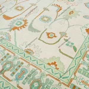 Exquisite Green Area Rug| Oushak Rug In Ivory, Powder Blue, Grass Green & Rust | Modern Floral Rug For Living Room, Bedroom, Kitchen