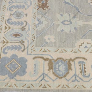 8x10 Bedroom Rug, Living Room Rug, Oushak Rug Gray Cream with muted Blue Brown accents Turkish Style Inspired Hand Knotted Soft Wool Rug