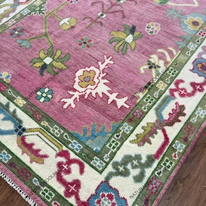 Pink Oushak Rug, Modern Multicolored Area Rug 9x12, Ivory Wool Rug 8x10, Handmade Turkish Rug For Living Room, Kids room, Nursery or Kitchen