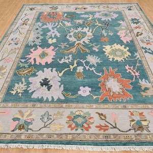 Modern Oushak Rug, Cream White Deep Sea Blue Green Area Rug 8X10, Colorful Contemporary Wool Rug, Floral Turkish Rug For Living Room