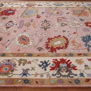 Pink Oushak Rug, Modern Multicolored Area Rug 9x12, Ivory Wool Rug 8x10, Handmade Turkish Rug For Bedroom, Living room, Kids room