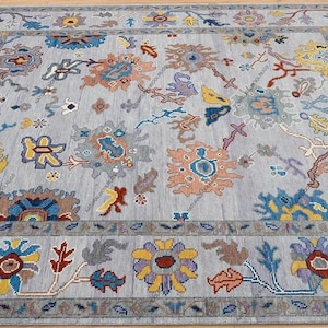 Bluish Gray & Rust, Gold, Dark gray Area Rug, Modern Oushak Rug In Gray And Turquoise blue accents, Large Wool Rug 9x12, Turkish Rug 8x12