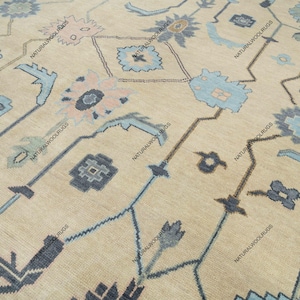 Beige Blue Green Rug, Modern Oushak Rug, Large Area Rug, Neutral Wool Rug, Contemporary Rug 8x10, 9x12 Oushak: Champagne Shores