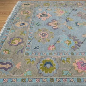 Blue Oushak Rug 9x12 With Gray Border, Green Wool Rug, Purple Pink Accent Turkish Rug, Modern Area Rug For Living Room, Kitchen, Bedroom