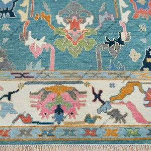 Teal Rug 9x12, Colorful Oushak Rug 8x10, Wool Rug Green Orange & Pink Accent, Turquoise Turkish Rug, Living Room Area Rug