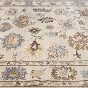 Beige Area Rug, Ivory Faded Gray Oushak Rug, Multicolored Wool Rug, Muted Blue Pink brown Rug, Large Turkish Rug, Floral Carpet