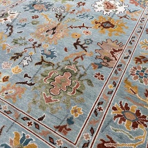 Light Blue Exquisite Oushak style Hand Knotted Rug 4x6, 5x8, 6x9, 8x10, 9x12, 10x14 Contemporary Handmade Rugs for Living Room, Home decor