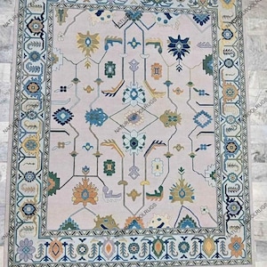 Modern Oushak Rug, Ivory & Orange navy Area Rugs Contemporary Pastel Wool Turkish Rug For Living Room, Kidsroom, Nursery | Dining Area Rug