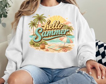 Retro Strand Hallo Sommer PNG, Pastell Grafik, Sublimationsdesign (Digitaler Download)