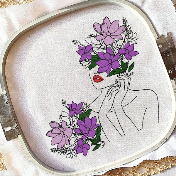 Face Young Beautiful Woman with Floral Machine Embroidery design – Boho Woman, Digital Embroidery file - 6 sizes - Instant Download