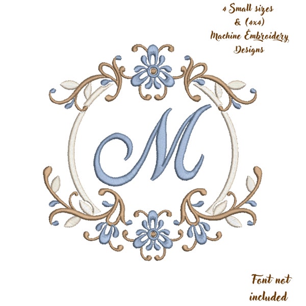 4 Small sizes & 4x4 hoop. Round Floral Frame for monogram Machine Embroidery design. Flowers Wreath. Font not included Digital file