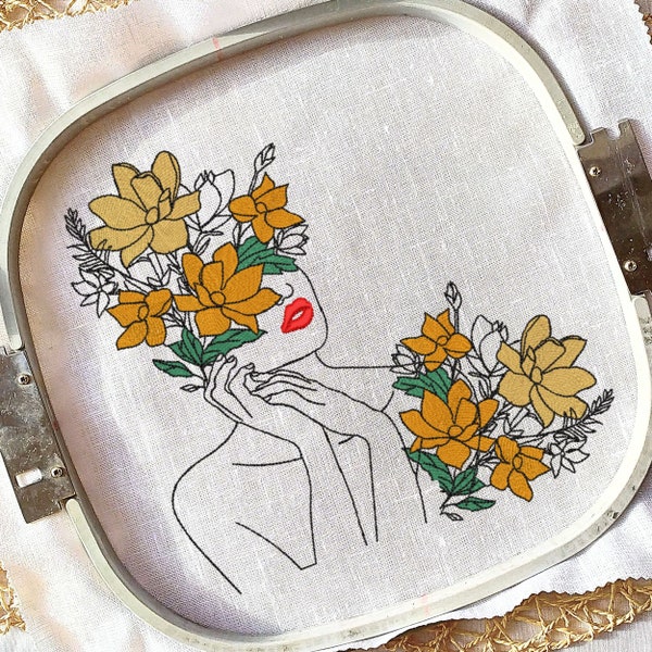 Face Young Beautiful Woman with Floral Machine Embroidery design – Boho Woman, Digital Embroidery file - 6 sizes - Instant Download