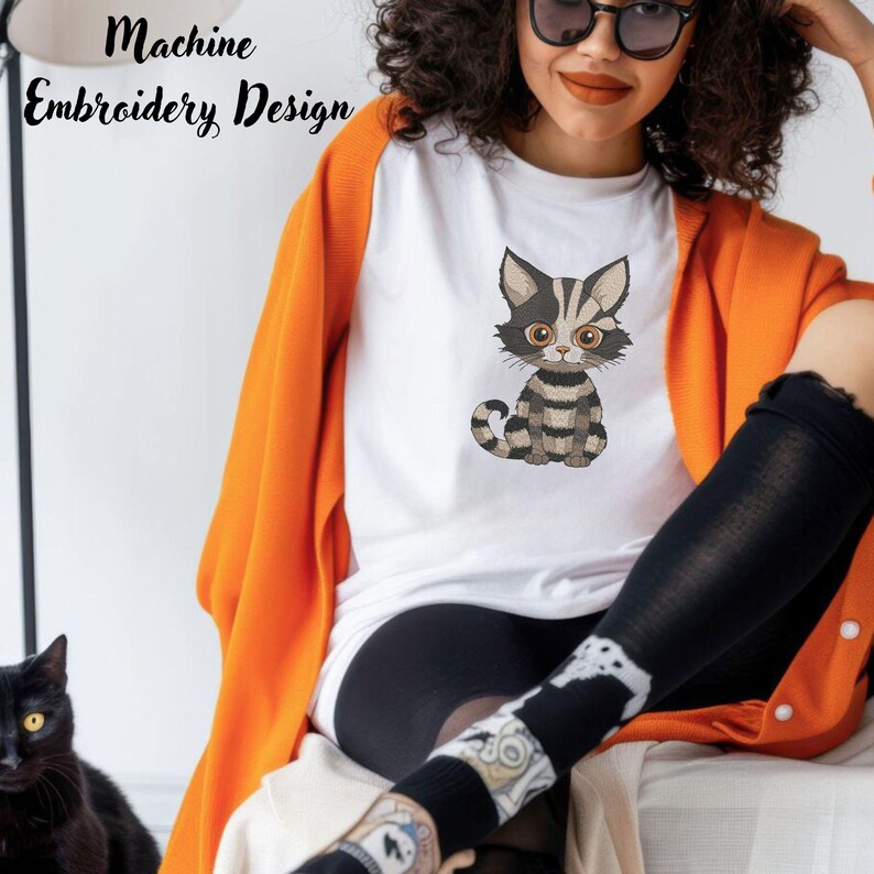 Machine Embroidery Design Striped Halloween Gothic Cat Halloween Cat
