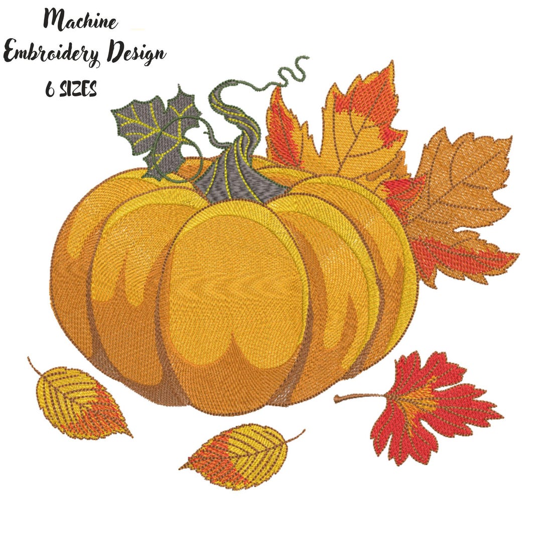 Orange Pumpkin With Fall Leaves Machine Embroidery Design Autumn ...