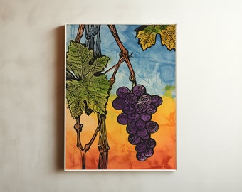 Grape Vine Vintage Food Print, Digital download, Food and Kitchen inspiration, Home wall decor, Vegan Vegetarian Woodblock Matisse Print