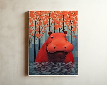 Hippo Animal Art Print and Poster, Hanafuda card, Colorful picture, high quality, Nursery room, Home wall decor, Woodblock, Digital download