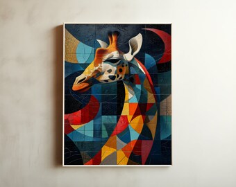 Cool Giraffe in blue orange red and white colors, Bauhaus animal art, Digital download for print and poster, high quality Home wall decor