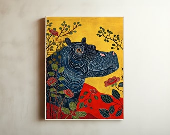 Hippo Animal Art Print and Poster, Hanafuda card, Colorful picture, high quality, Nursery room, Home wall decor, Woodblock, Digital download