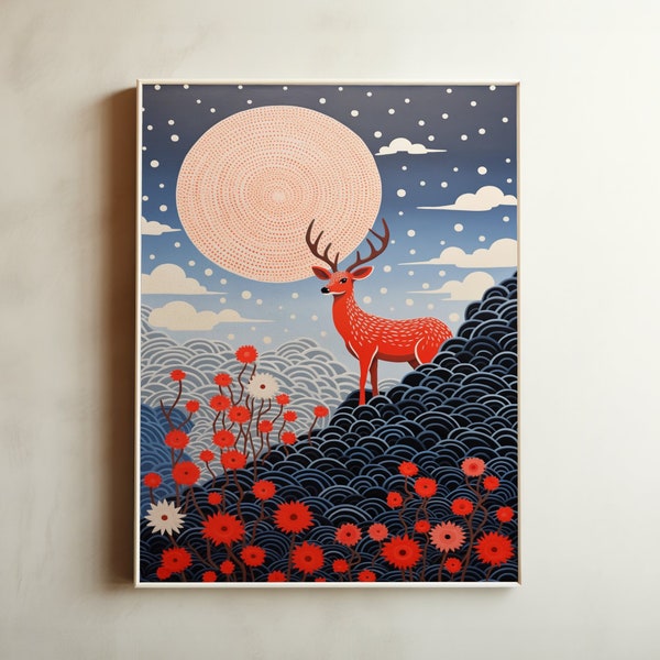 Deer Animal Art Print and Poster, Hanafuda card, Colorful pictures, Enhanced high quality, Nursery room, Home wall decor, Woodblock, Digital