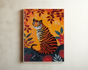 Tiger Animal Art Print and Poster, Hanafuda card, Colorful picture, high quality, Nursery room, Home wall decor, Woodblock, Digital download