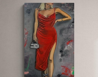 赤いドレスの女性油絵オリジナル優雅な女性画、ロマン主義時代の官能的