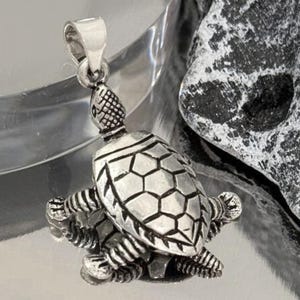 May include: A silver turtle pendant with a detailed shell and textured flippers. The pendant has a loop for a chain and is displayed on a reflective surface. The turtle's head and flippers are intricately designed.