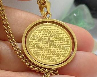 Pendentif prière du Seigneur, collier pièce de monnaie prière Padre Nuestro, médaillon de la croix du Notre-père, acier inoxydable doré