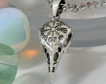 3D Raven Skull Pendant, Viking Vegvisir Jewelry, Norse Raven Totem, Handmade Sterling Silver 925