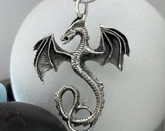 3D-draakhanger sterlingzilver, fantasiesieraden, gedetailleerde zilveren drakenketting, middeleeuwse Vikingstijl, handgemaakt cadeau