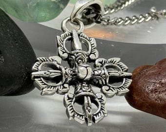 3D Double Dorje Vajra Pendant, Tibetan Buddhist Protection Amulet, Dorje Cross Necklace, Handmade Sterling Silver 925