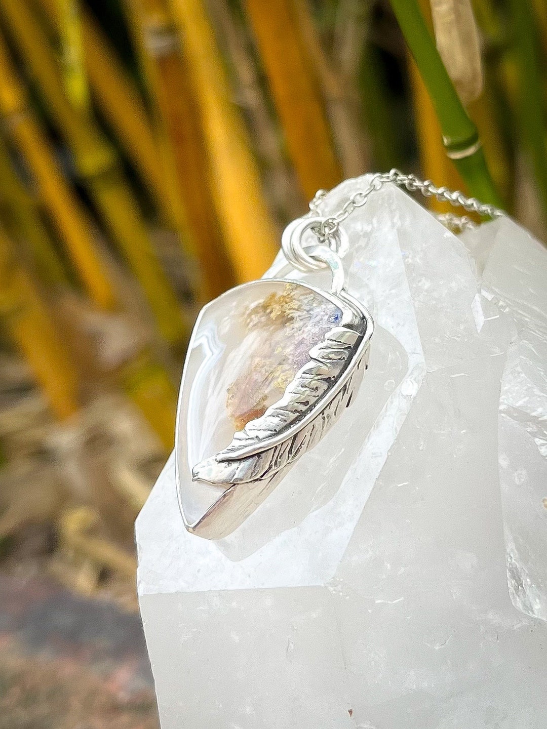 Handcrafted Sterling Silver Triangle Feather Agate Pendant - Etsy