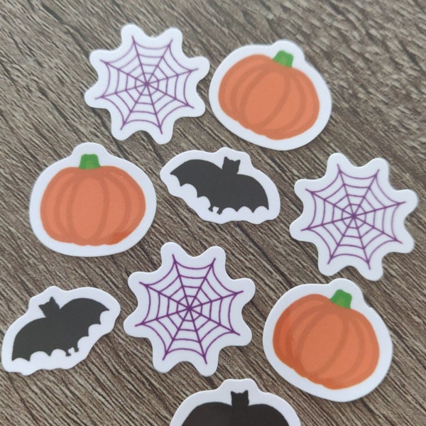 Halloween Mini Sticker Pack | spooky, pumpkins, bats, cobwebs, spider, witchy, cute animals, creepy, gender neutral, orange, black, purple.