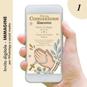 Invito digitale prima comunione, da condividere su social media e Whatsapp, personalizzabile.