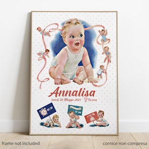 Anpassbares Geburtsposter, Vintage-Illustrationen, Erinnerung, Geburtsgeschenk, Geburtsbild, neue Mutter, Taufe, Liebe, Babyparty