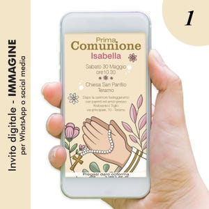Invito digitale prima comunione, da condividere su social media e Whatsapp, personalizzabile.