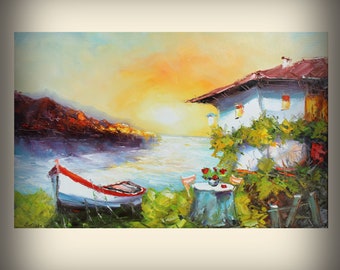 Marine bay oil painting Seascape oil on canvas Wall art decor Boat canvas painting Original oil artwork 3D palette knife technique