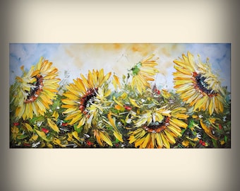 Sunflowers canvas oil painting Original canvas 3D texture art Wall art decor Yellow flowers painting Abstract living room wall art decor