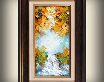 Original 3D oil painting Waterfall painting on canvas Nature oil painting Hand-painted art Canvas textured painting Autumn oil painting