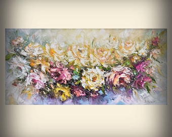 Peinture à l'huile de roses sur toile Nature morte avec des fleurs Toile d'art originale Décoration de salon Peinture à l'huile florale Peinture à l'huile 3D texturée