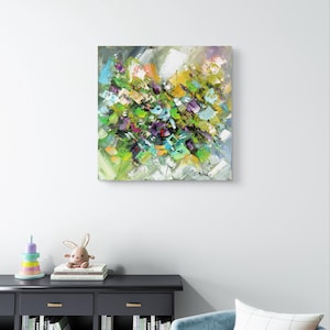 Abstract impressionist flowers Textured green floral oil painting Handpainted square canvas artwork Original textured knife wall art decor