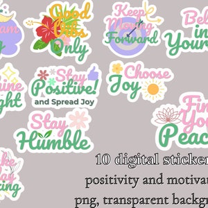 Inspirational and positive quote stickers. 10 digital png to download and print. Template to download png.